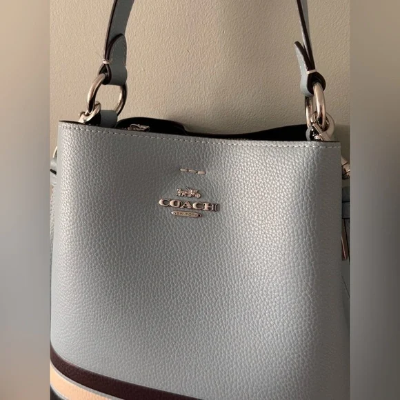 Coach Small Town Bucket Blue Pebble Leather Stripe Women Crossbody Shoulder Bag - Picture 2 of 9